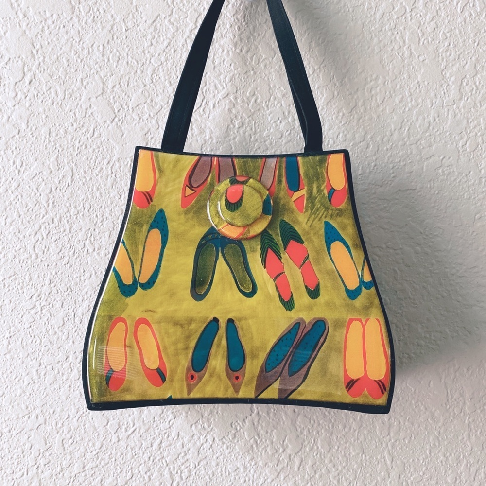 Angela Frascone Small Multicolored Resin Laquear Crossbody Handbag Shoes Print